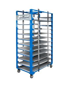 The Light Fixture Cart (LFC-2448) fits through a standard 80&rdquo; (2032 mm) doorway. Pictured with light fixtures loaded (not included).