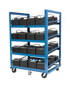 The gravity-flow shelves of the Automotive Battery Rack (BS-ABR-C) provide convenient access to battery stock
