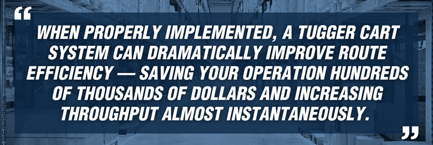 When properly implemented, a tugger cart system can dramatically improve route efficiency — saving your operation hundreds of thousands of dollars and increasing throughput almost instantaneously. 